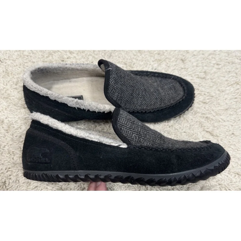 Sorel Mens Dude Moc Black Suede And Tweed Sherpa Lined Slippers Size 8 Warm Home
